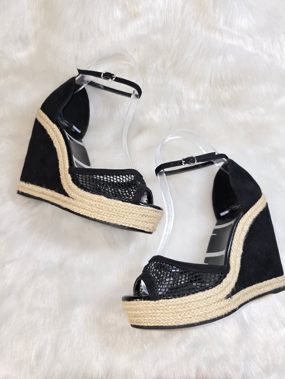 Elle Gabrielle Womens Black Wedge Espadrille Sandals with Ankle Strap - Picture 5 of 10